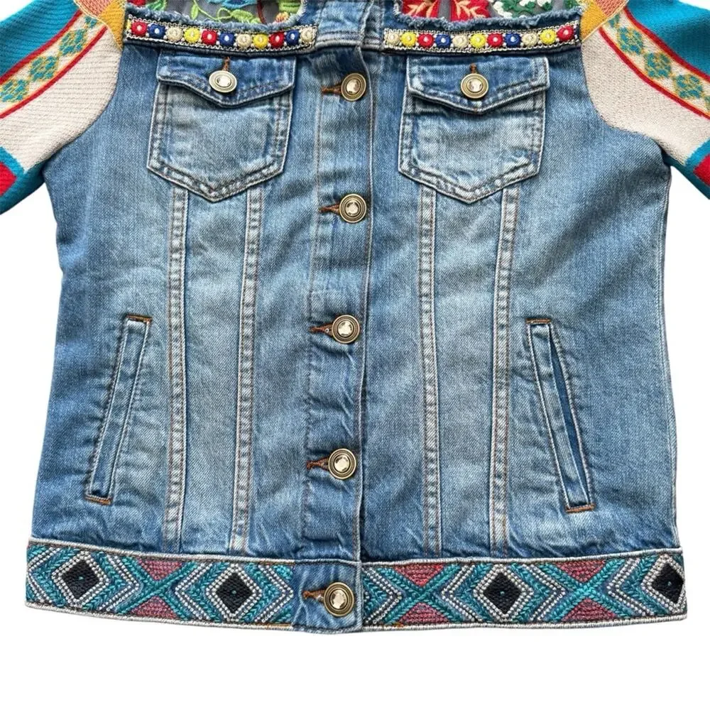 Desigual Fiorella Embroidered Denim Jacket Knitted Sleeves Bohemian Size 4 US - Picture 6 of 13